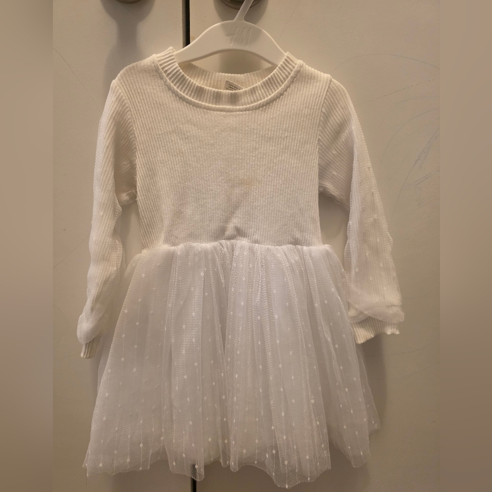 White Long Sleeve Dress with Tulle Skirt